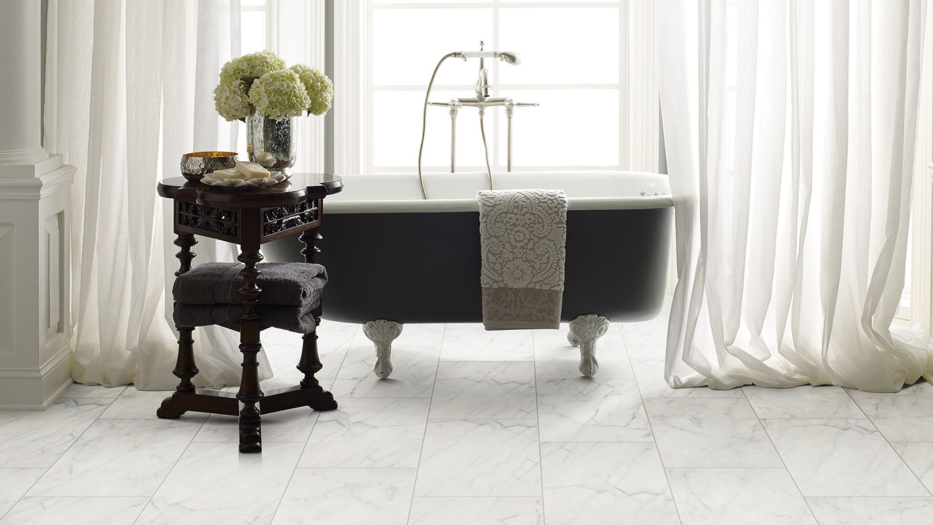 elegant white tile flooring in a bright bathroom